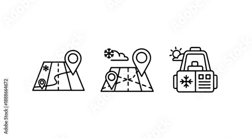 Line art icons for winter map navigation and travel, featuring snowy roads, location pins, and a car with luggage, representing cold weather journeys.