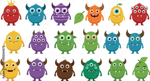 Cute colorful monster character collection vector with funny cartoon creatures, playful expressions, fantasy kids characters, and adorable creature set