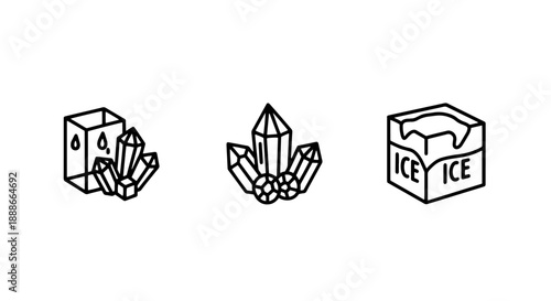 Abstract Ice Crystals and Cubes Icons Representing Frozen Water, Winter Elements, and the Chilling Beauty of Cold Structures