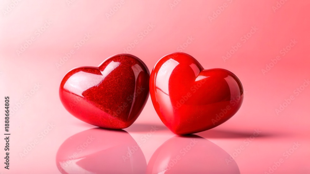 Fototapeta premium Two shiny red hearts on a pink background reflecting each other in a simple setup