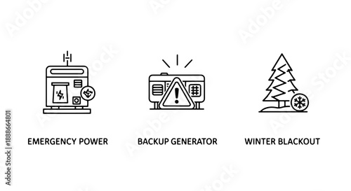 Emergency Power and Backup Generator Icons for Winter Blackouts, Illustrating Preparedness for Electricity Outages and Storms
