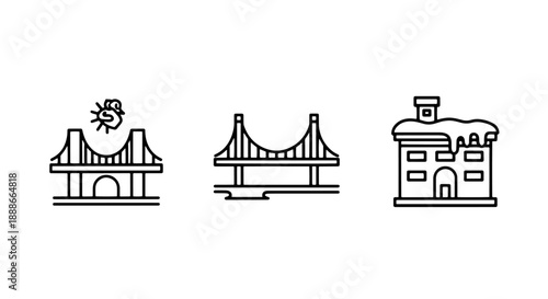 Winter Cityscape Icons Featuring Snow-Covered Bridges and Houses, Depicting Urban Architecture and Cold Weather Environments