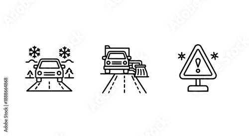 Line Icon Set for Winter Road Conditions: Car in Snowfall, Snow Plow Clearing Road, and Winter Warning Sign for Driving Safety