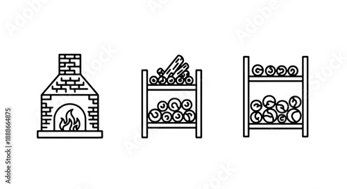 Cozy Home Heating Icons: Fireplace with Burning Fire and Racks of Stacked Logs for Warmth and Winter Comfort