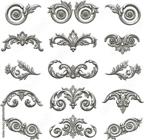 Vintage ornamental flourish vector set with baroque scroll decorations and classic decorative elements isolated