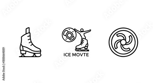 Winter Sport and Cold Environment Icons: Ice Skate, Figure Skating Movement, and Abstract Cooling Fan for Ice Rinks and Motion