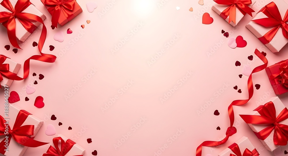 Fototapeta premium Celebratory gift boxes with red ribbons and hearts surrounding a soft pink background viewed from above