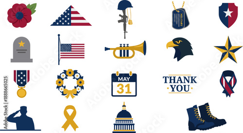 Memorial Day Remembrance and Military Tribute Vector Icon Set.