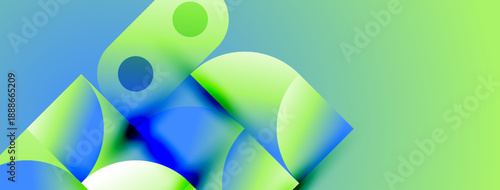 Abstract shapes blend blues, greens. Fluid forms create dynamic composition. Gradient colors suggest depth, movement. Modern design element.