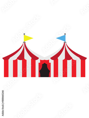 Flat Vector Illustration of a Red and White Striped Circus Big Top Tent with Festival Flags circus, tent, big top, carnival, festival, fair, striped tent, red and white, marquee, arena.