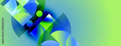 Abstract geometric shapes overlap, creating vibrant blue, green gradients. Composition feels dynamic, modern. Light reflects off surfaces.