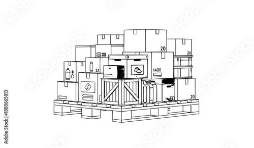 Industrial wooden pallet vector with stacked products and containers for warehouse illustration