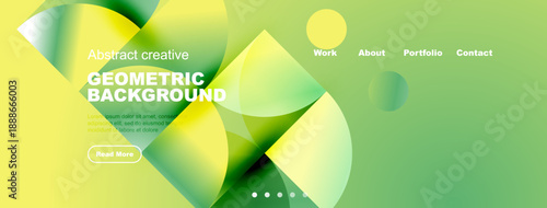 Abstract geometric background design. Yellow, green gradients create modern visual appeal. Text elements present information, navigation options visible.