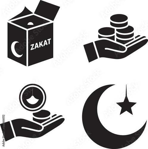 Ramadan Charity Zakat Black Silhouette Icon Set Vector
