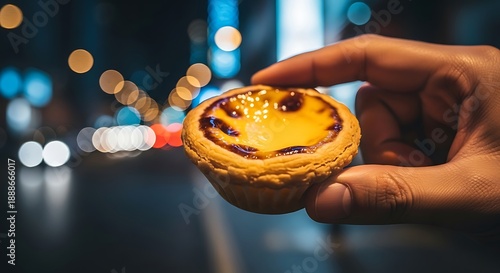 Hand holding a delicious Portuguese egg tart dessert
