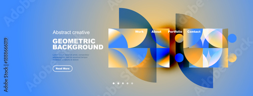 Modern website header design. Colorful geometric shapes, text elements, navigation menu present. Blue gradient background visible.