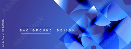 Abstract blue shapes overlap, creating dynamic visual effect. Gradient colors suggest depth, modern design aesthetic.