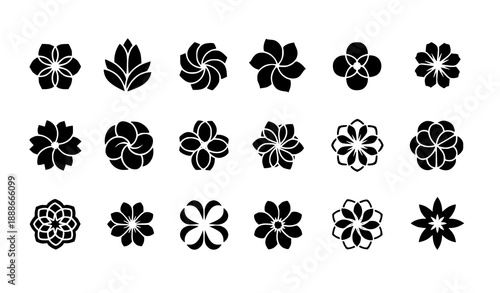 Minimal flower icon vector set with 20 abstract silhouettes for logos, apps, and branding
