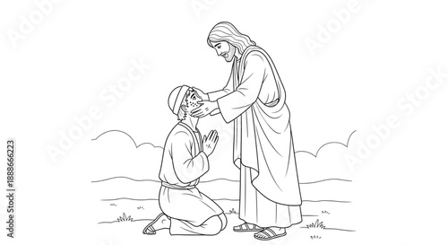 Healing Touch: Hopeful Man Kneeling Receives Divine Blessing for Spiritual Growth and Well-being