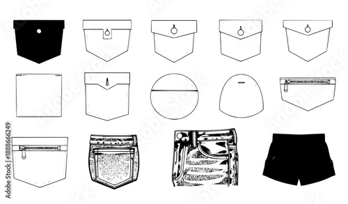 Fashion vector pocket set with 10 flat styles for CAD mockups and clothing templates