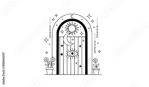 Boho magical doorway vector with sun, moon, mason eye, stars, and mystical ornaments