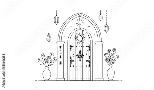Esoteric Bohemian arch vector with mystical door, celestial motifs, and floral ornaments
