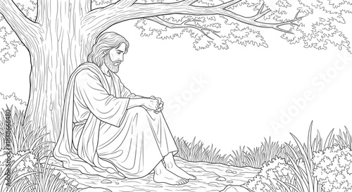 Meditative Man Under Tree, Peaceful Reflection, Spiritual Guidance, Hopeful Future, Calm Solitude, Inspiring Content