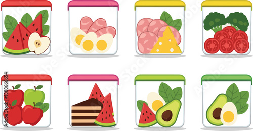 Food storage jar vector set with fruits vegetables eggs cheese and healthy meal prep containers isolated