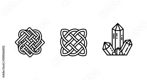 Elegant Celtic Knot and Natural Crystal Cluster Icons for Spiritual, Decorative, or Geological Design Elements