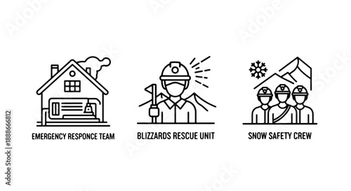 Emergency Response and Snow Safety Icons: Rescue Teams, Blizzard Units, and Mountain Crews for Winter Preparedness