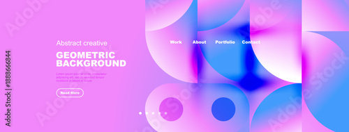 Vibrant pink abstract background features flowing shapes, text elements, navigation menu, button. Modern design for website header.