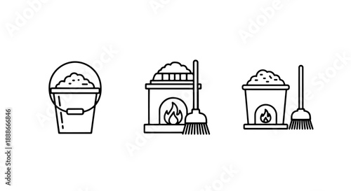Fireplace Cleaning and Ash Removal Icons: Bucket, Broom, and Hearth for Home Maintenance and Wood Burning