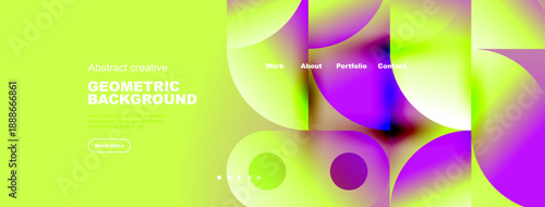 Bright abstract geometric background. Vivid colors, overlapping circles, text elements present. Modern design, website header concept.