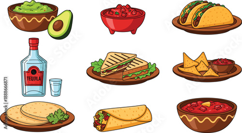 Mexican food vector set with tacos guacamole salsa tequila nachos and traditional cuisine dishes isolated
