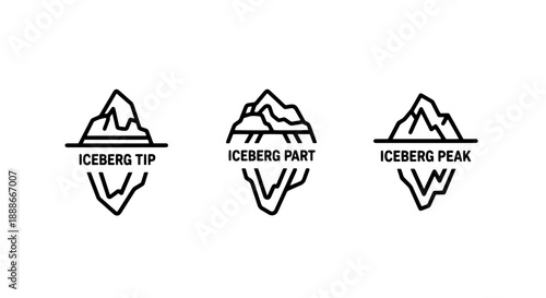 Outline Vector Icons Depicting Various Iceberg Formations, Showing Tips, Parts, and Peaks for Arctic Nature and Climate Science