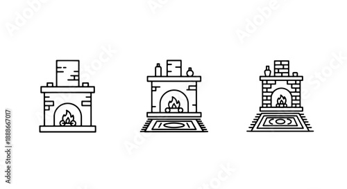 Outline Vector Icons of Cozy Fireplaces with Burning Logs, Decorative Rugs, and Home Accessories for Warm Winter Interiors