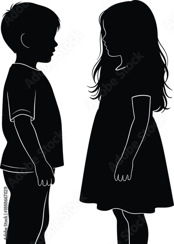 Children silhouette illustration of boy and girl facing each other expressing innocent childhood emotions black vector isolated minimal flat design