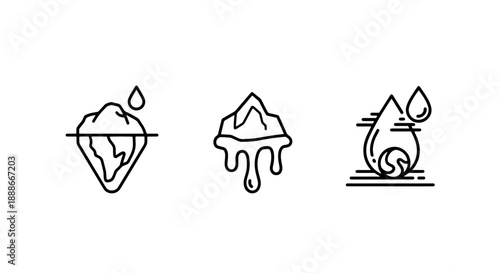 Climate Change and Global Warming Icons: Melting Ice, Glaciers, and Earth with Water Drops Symbolizing Environmental Concerns