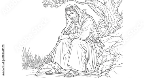 Man Resting Under Tree with Staff Line Art Coloring Page for Spiritual Reflection and Religious Education