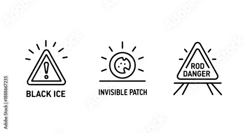 Hazard and Warning Sign Icons: Black Ice, Invisible Patch, and Rod Danger Symbols for Safety Awareness and Prevention