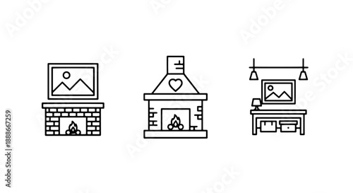 Cozy Home Interior Icons: Fireplaces with Artwork and a Warm Desk Setup for Comfortable Living and Festive Ambiance