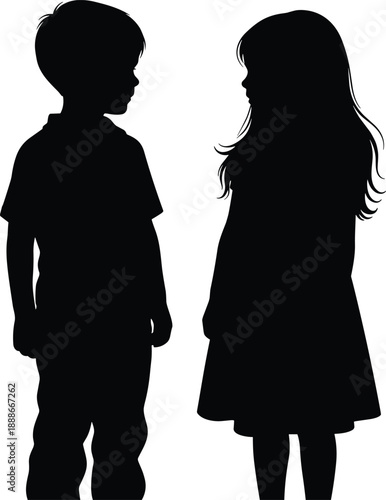 Children silhouette illustration of boy and girl standing together facing each other innocent childhood black vector minimal design style isolated