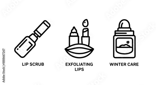 Lip Care and Beauty Icons: Exfoliating Scrub, Winter Protection, and Hydrating Balm for Healthy and Smooth Lips