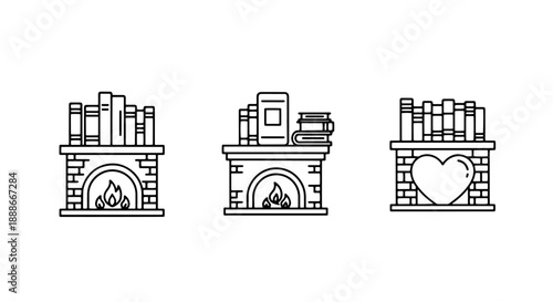 Cozy Fireplace and Bookshelf Icons: Home Interior with Warm Hearth and Reading Materials for a Relaxing Ambiance