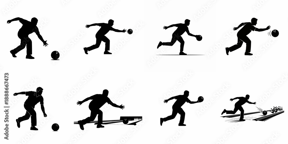 Obraz premium Set of eight bowling player action silhouettes showing male bowlers rolling the ball down the alley toward pins, isolated black vector graphics.