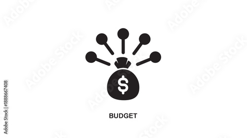 Black flat design icon of a money bag with a dollar sign and radiating circles representing budget allocation and financial planning.