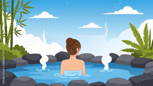 Vector illustration of a woman relaxing in a serene hot spring surrounded by lush greenery and bamboo under a clear blue sky