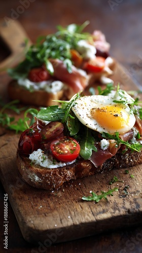 Two gourmet open faced sandwiches topped with fried egg and fresh greens are presented on a rustic cutting board.