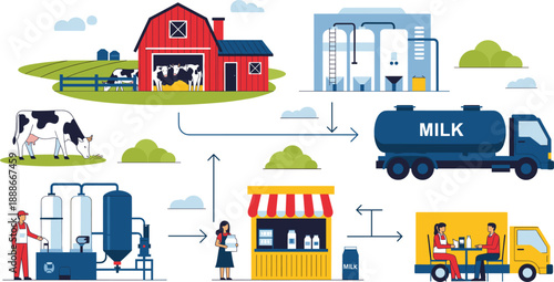 Milk production process vector infographic showing dairy farm processing packaging distribution and delivery workflow isolated
