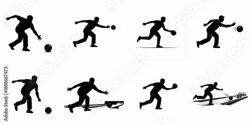 Set of eight bowling player action silhouettes showing male bowlers rolling the ball down the alley toward pins, isolated black vector graphics.